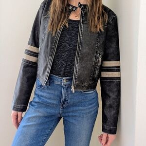 NWT Faux Leather Striped Cropped Collared Jacket In Black/Ivory